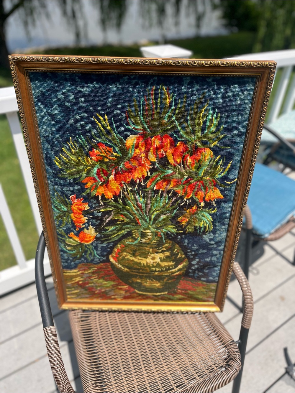 Vintage Large vibrant flower vase needlepoint